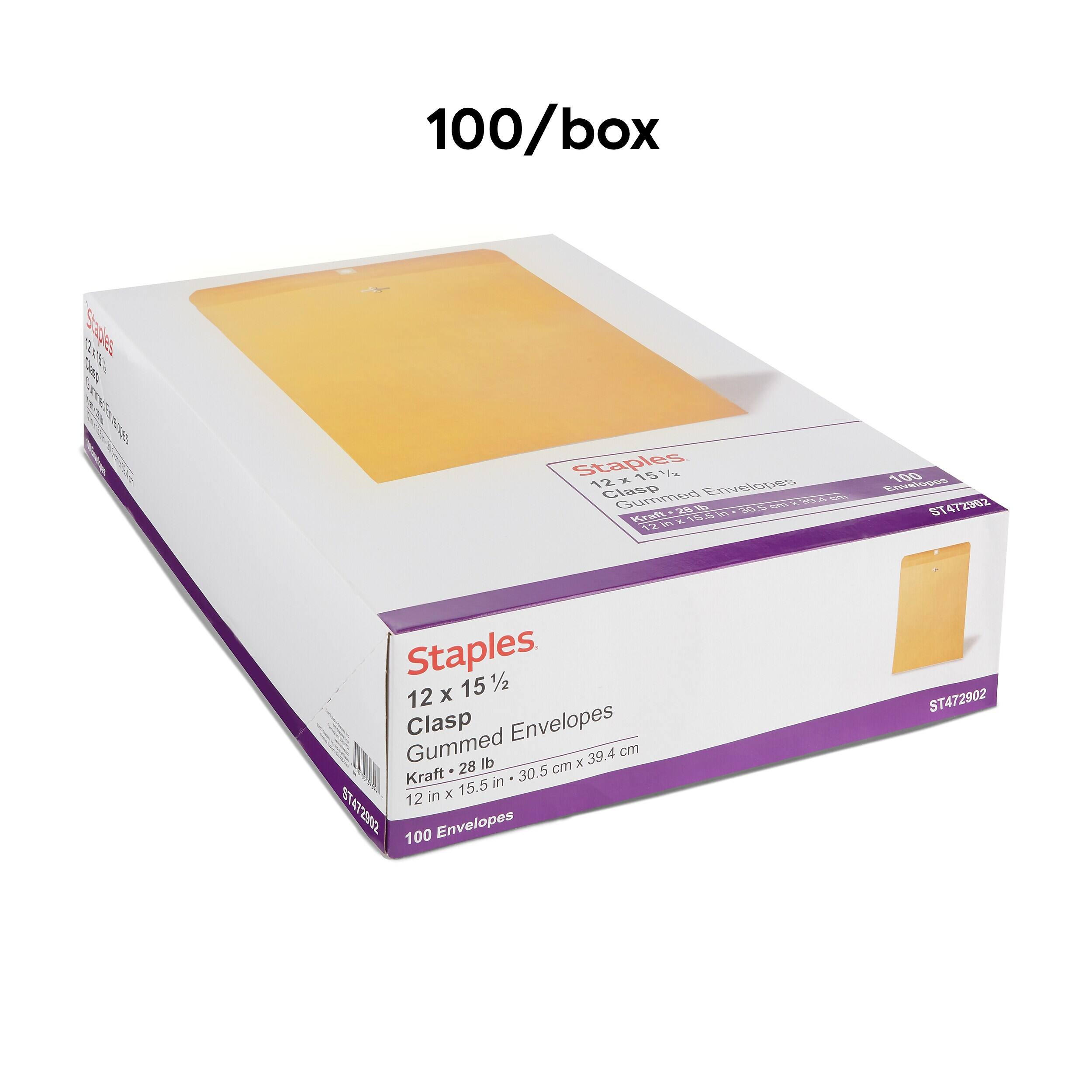 100/box

Staples
12 x 15½ Clasp Gummed Envelopes
Kraft • 28 lb
12 in x 15.5 in • 30.5 cm x 39.4 cm
100 Envelopes
ST472902