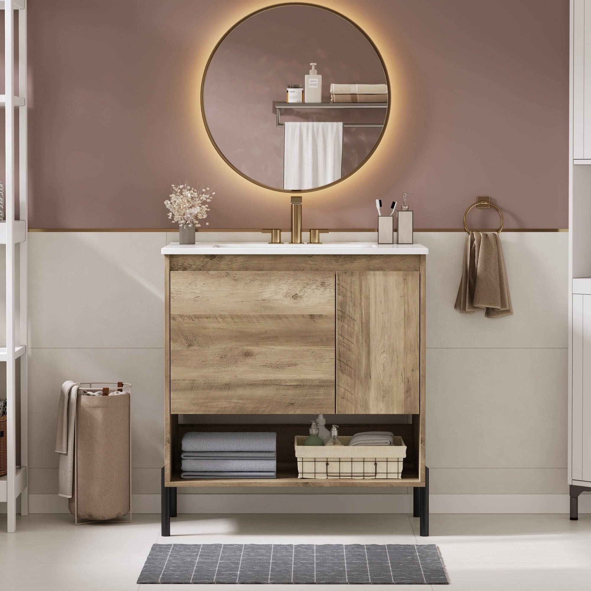 Alt View 4. Boyel Living - 30 Inch Modern Wood Bathroom Vanity with Ceramic Sink Natural Wood - Brown.
