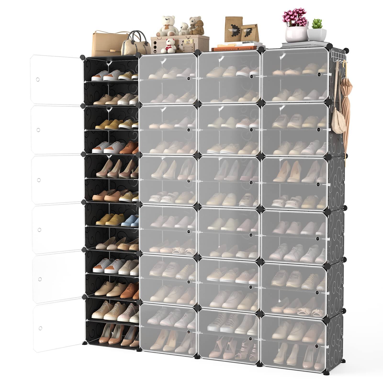 Front. ThinkLink Electronic - Portable Shoe Rack Organizer With Door Storage Cabinet Easy Assembly Plastic Adjustable Stackable Detachable - Black 64" Wide-96 Pairs.