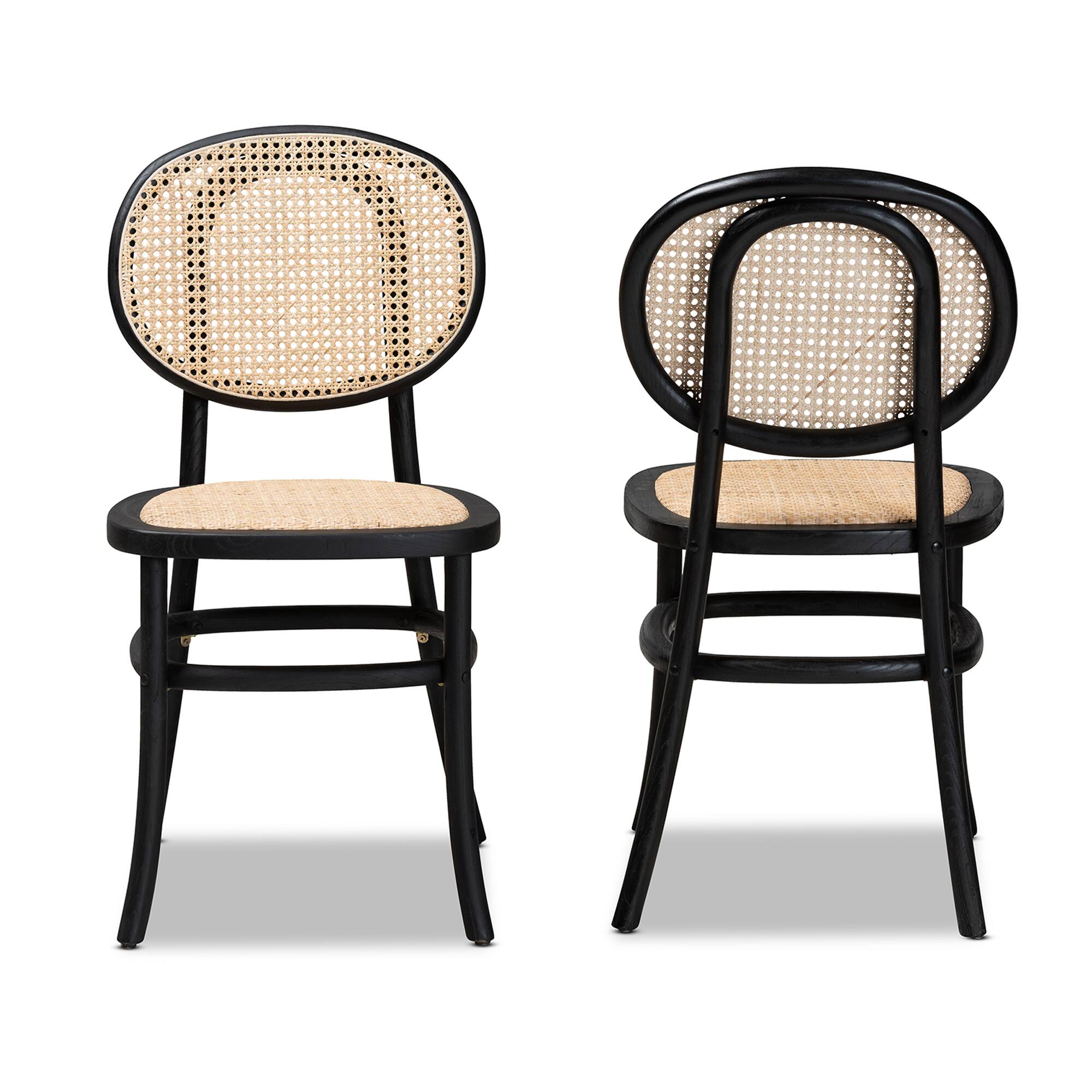 Angle. Baxton Studio - Garold Mid-Century Modern Woven Rattan and Wood 2-Piece Cane Dining Chair Set - Beige/Black.