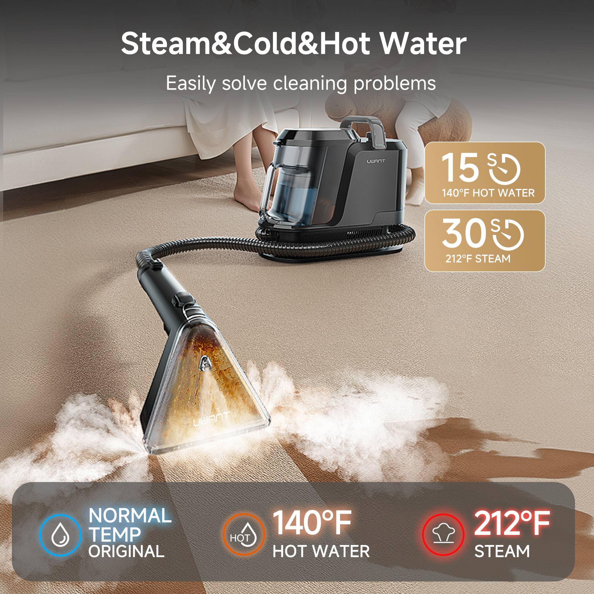 Steam & Cold & Hot Water  
Easily solve cleaning problems  

WANT  
S 15 140°F HOT WATER  
S 30 212°F STEAM  

UWANT  
NORMAL TEMP ORIGINAL  
140°F HOT WATER  
212°F STEAM