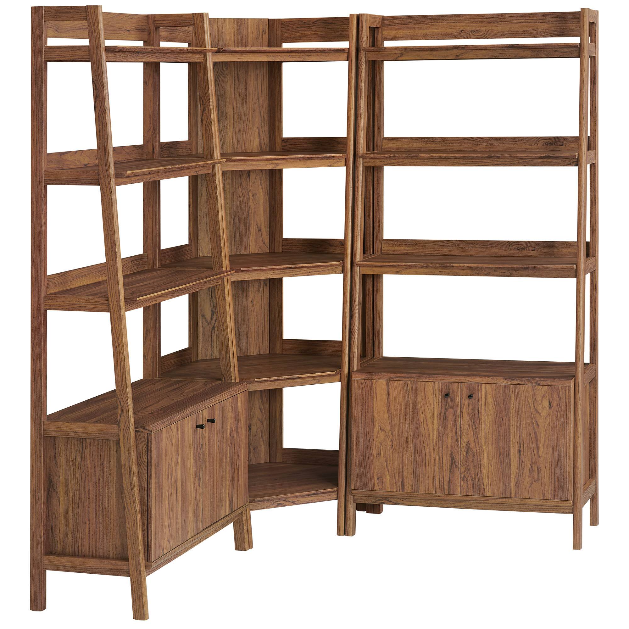 Angle. Modway - Bixby 3-Piece Corner Bookshelf Set with Wide Bookshelves by Modway - Walnut.