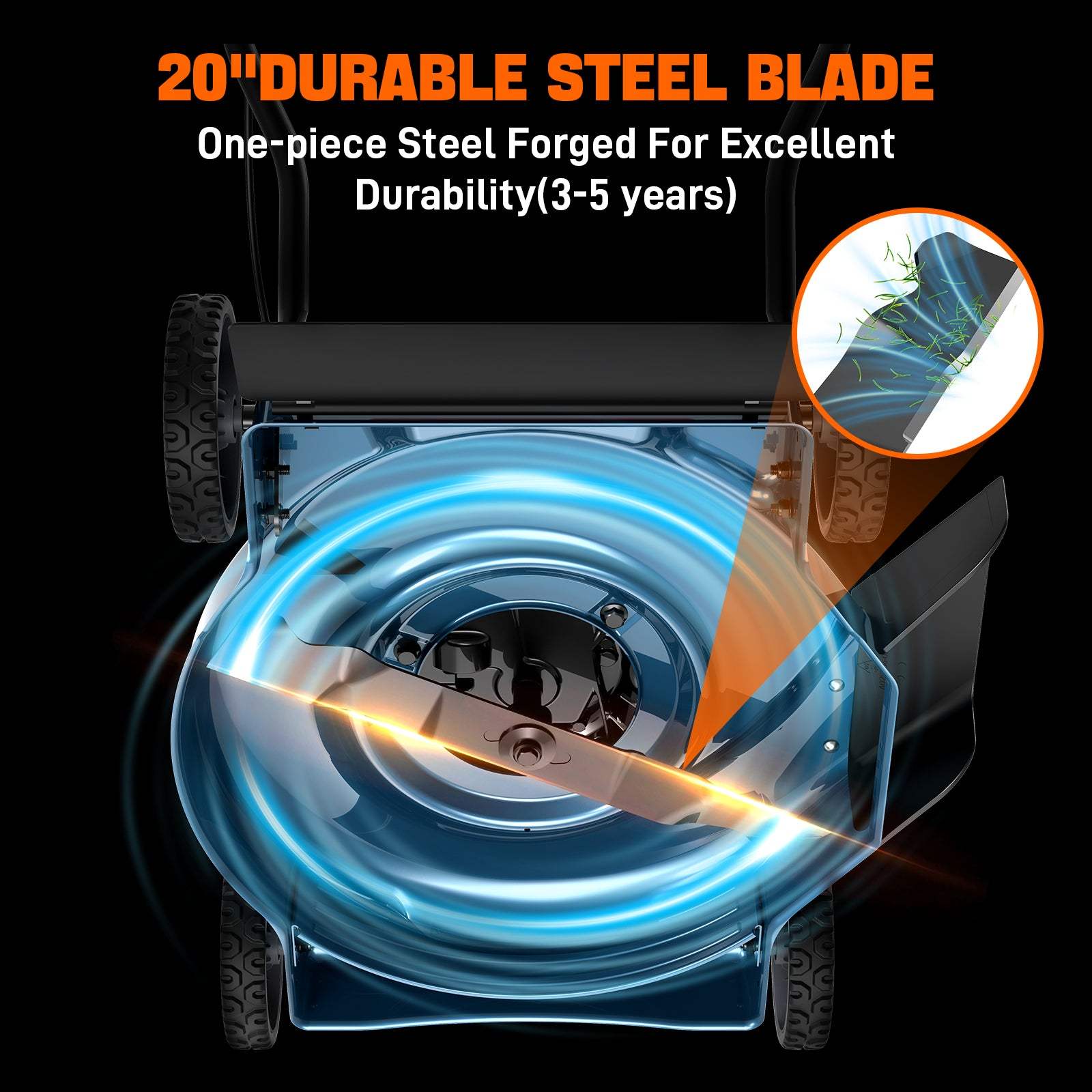 20" DURABLE STEEL BLADE  
One-piece Steel Forged For Excellent Durability (3-5 years)