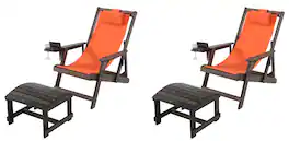 Jiallo - Romantic Collection Canvas Sling Chair with Cup and Wine Holder and Ottoman (Set of 4) - Dark Brown Color with Orange Fabric