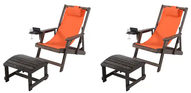 Front. Jiallo - Romantic Collection Canvas Sling Chair with Cup and Wine Holder and Ottoman (Set of 4) - Dark Brown Color with Orange Fabric.