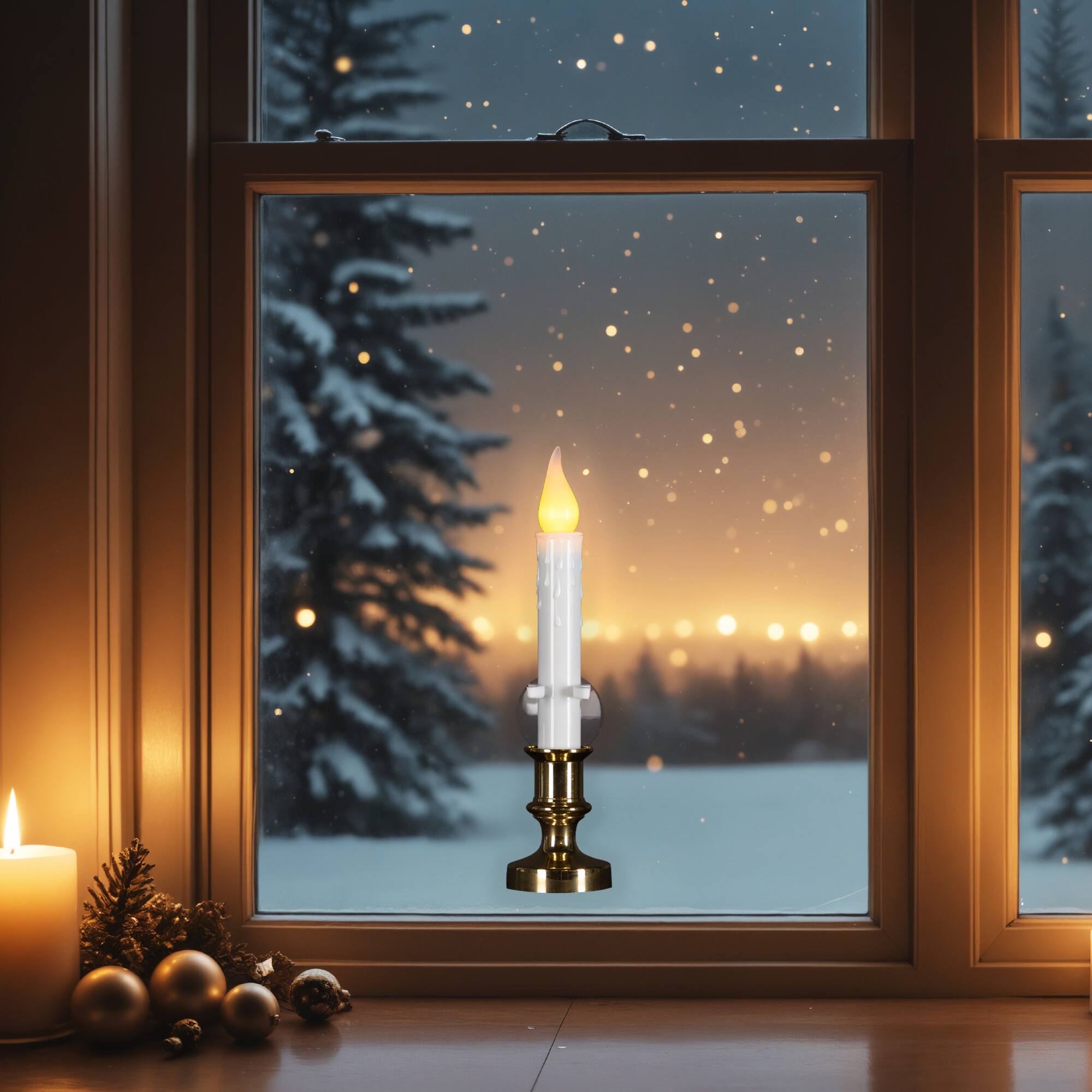 Alt View 1. Northlight - Flickering LED Window Candle with Timer - 8.5" - White and Brass - White.