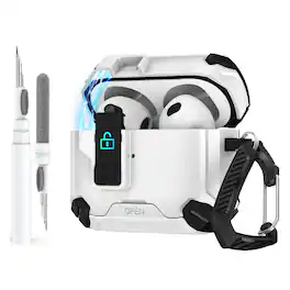 Dteck - For Airpods Pro 3rd Gen (2025) Rugged Secure Lock Shockproof Case With Keychain+Clean Pen - White