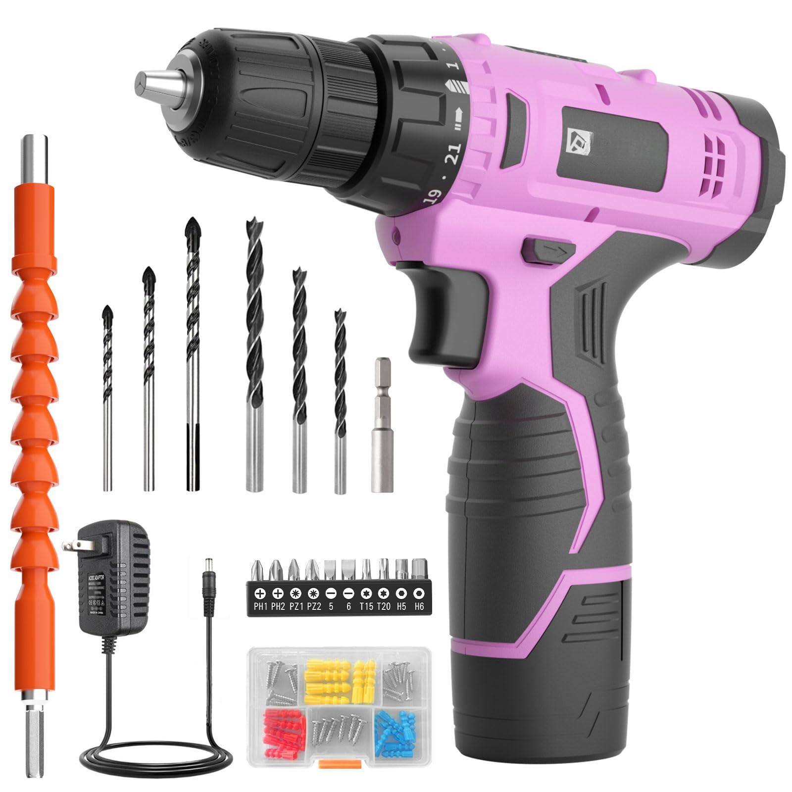 JETRANSPORT - 20v Cordless Drill driver Set Electric Power Drill Kit With Battery 1 2inch Keyless Chuck 2 Variable Speed - 12V Drill PINK
