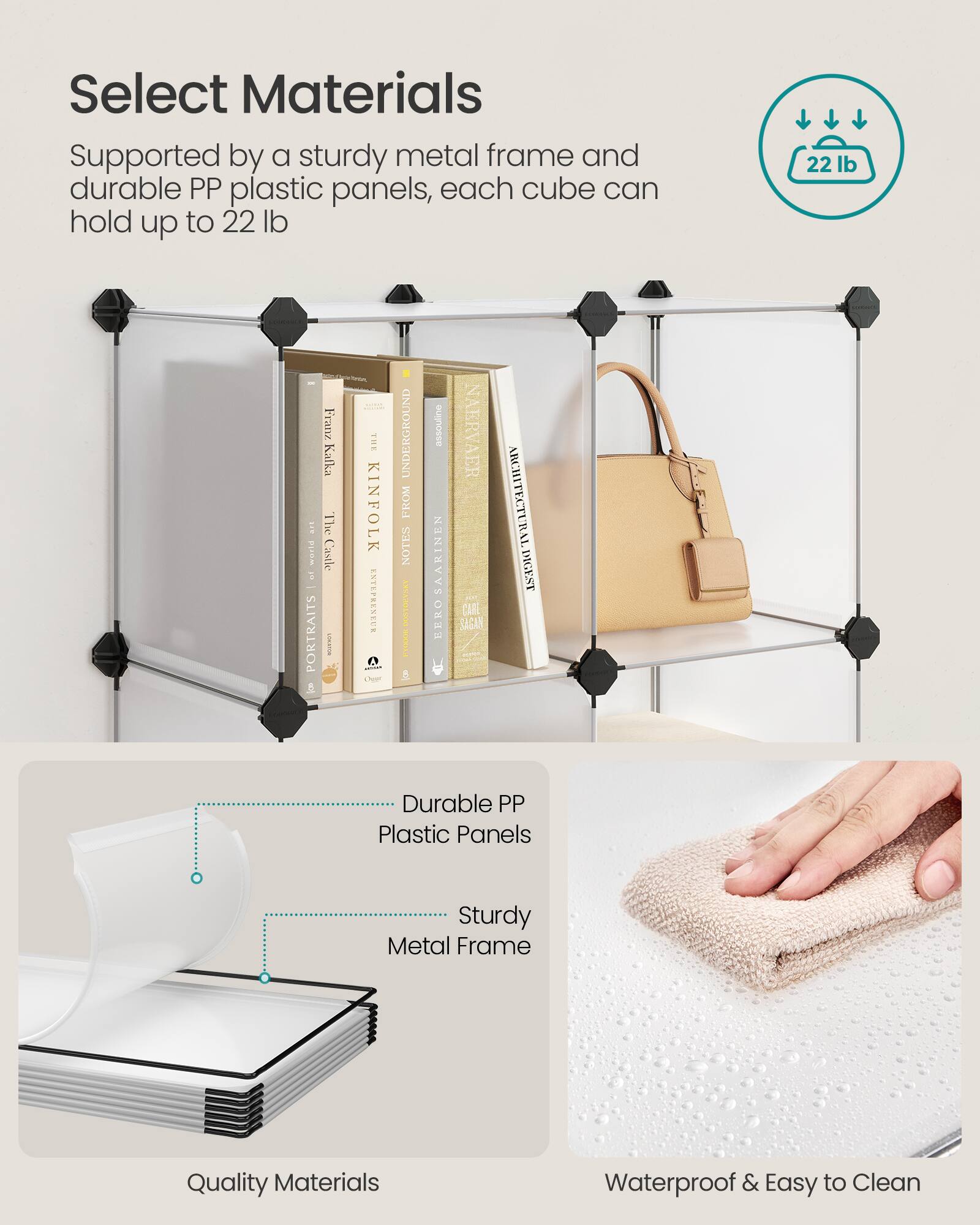 Select Materials

Supported by a sturdy metal frame and durable PP plastic panels, each cube can hold up to 22 lb

- Durable PP Plastic Panels
- Sturdy Metal Frame

Quality Materials

Waterproof & Easy to Clean