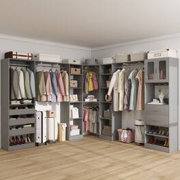 Aheaplus - 100'' Large Walk-in Closet Organizer System with Drawers, Hanging Rods and 20 Shelves for Storage, 3 Sets - Gray