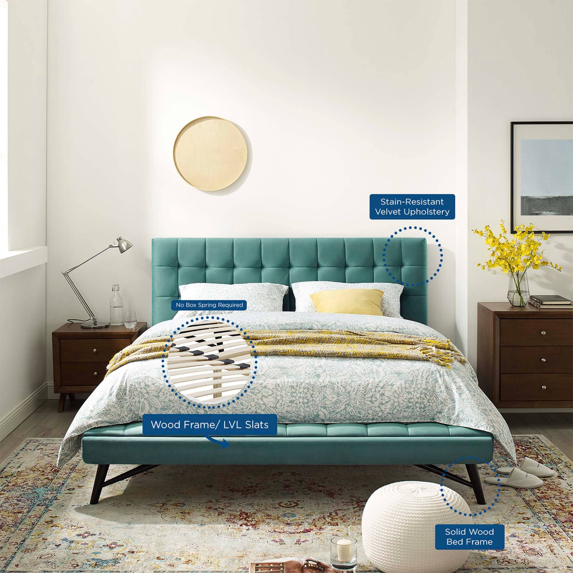 - Stain-Resistant Velvet Upholstery
- No Box Spring Required
- Wood Frame / LVL Slats
- Solid Wood Bed Frame