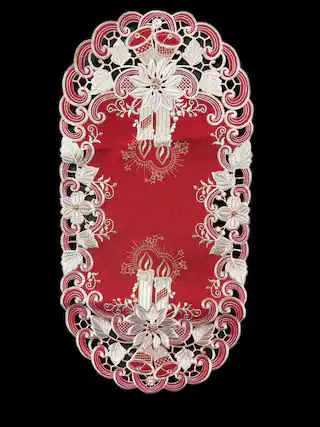 Front. Jiallo - Poinsettia Embroidered Cutwork Rectangular Table Runner, 13 by 27 inch Table Linen - Red.