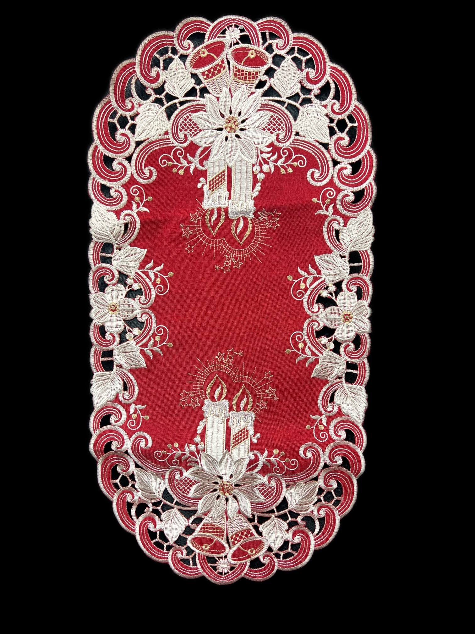 Front. Jiallo - Poinsettia Embroidered Cutwork Rectangular Table Runner, 15 by 43  inch Table Linen - Red.