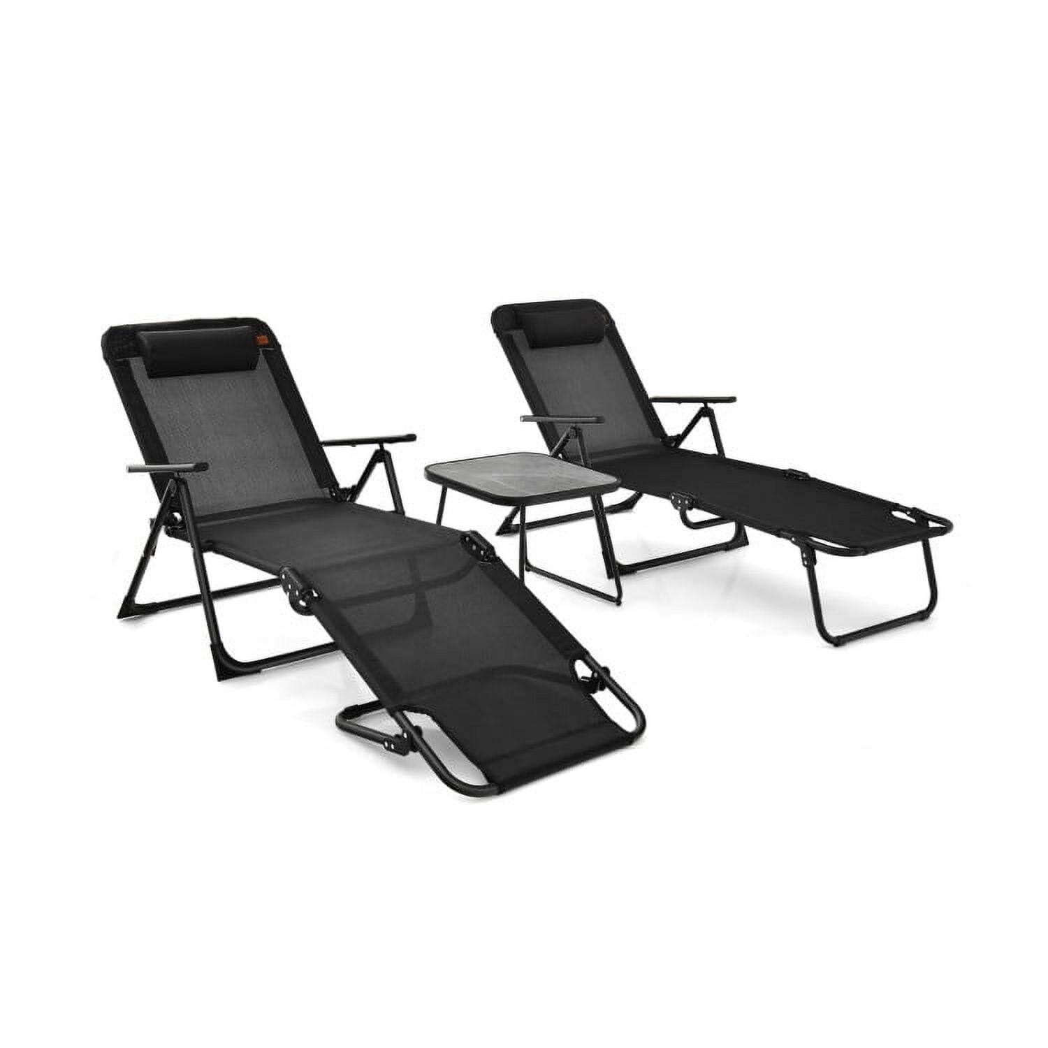 Left. Pefilos - 3 Pieces Backyard Patio Folding Chaise Lounge Set, Deluxe Outdoor Backyard Patio with PVC Tabletop-Black - Black.
