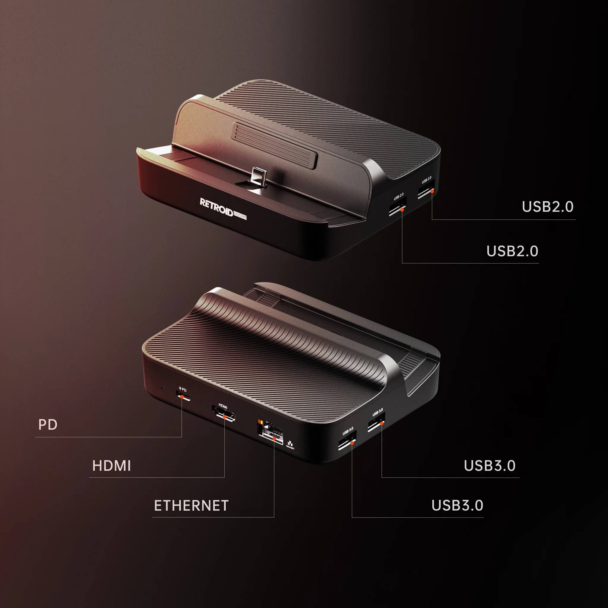 RETROID USB2.0  
- USB2.0  
- USB2.0  

RETROID USB3.0  
- PD  
- HDMI  
- ETHERNET  
- USB3.0  
- USB3.0