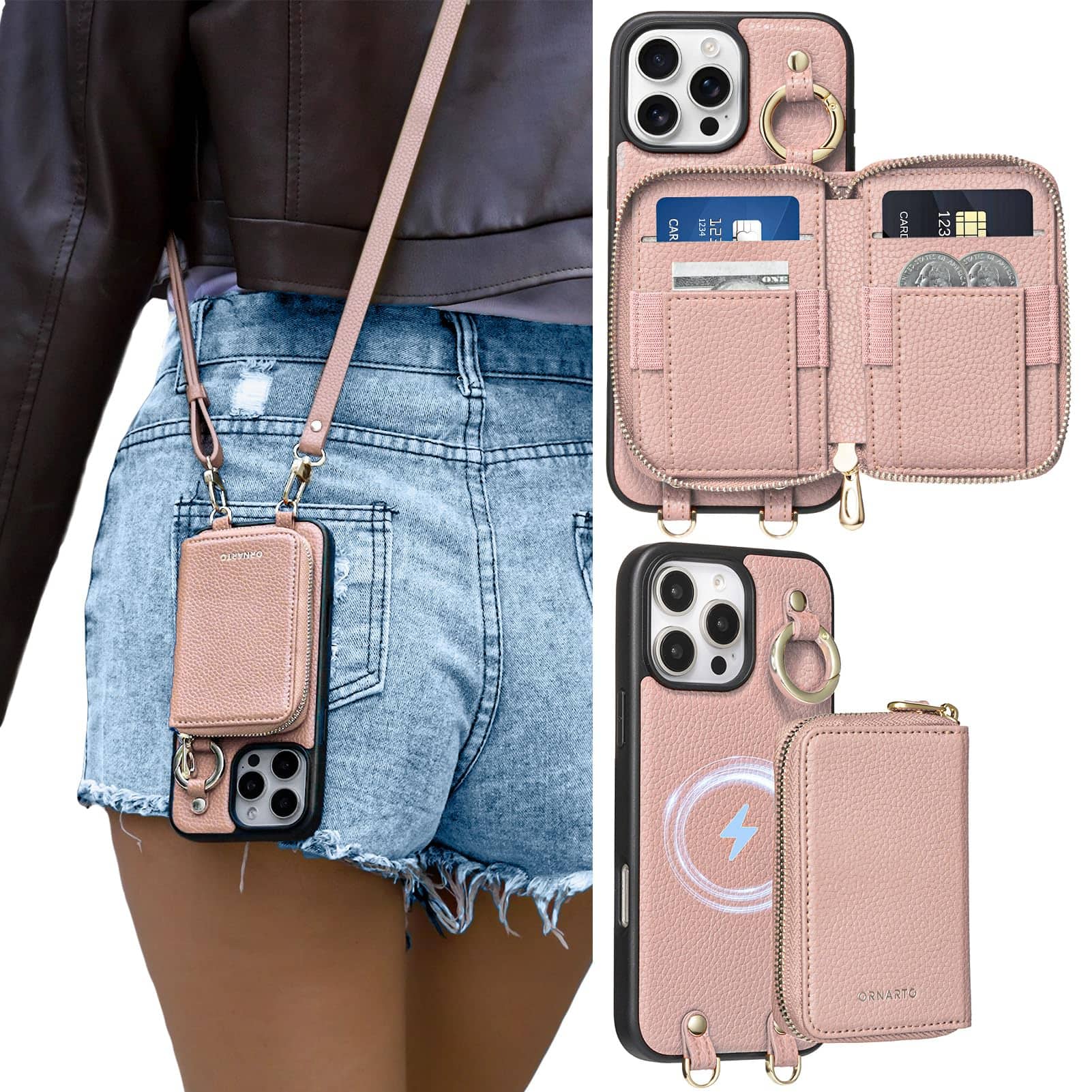 Ornarto - Designed for iPhone 16 Pro Max case with MagSafe, Detachable PU Leather Wallet Case with Card Holder - Pink