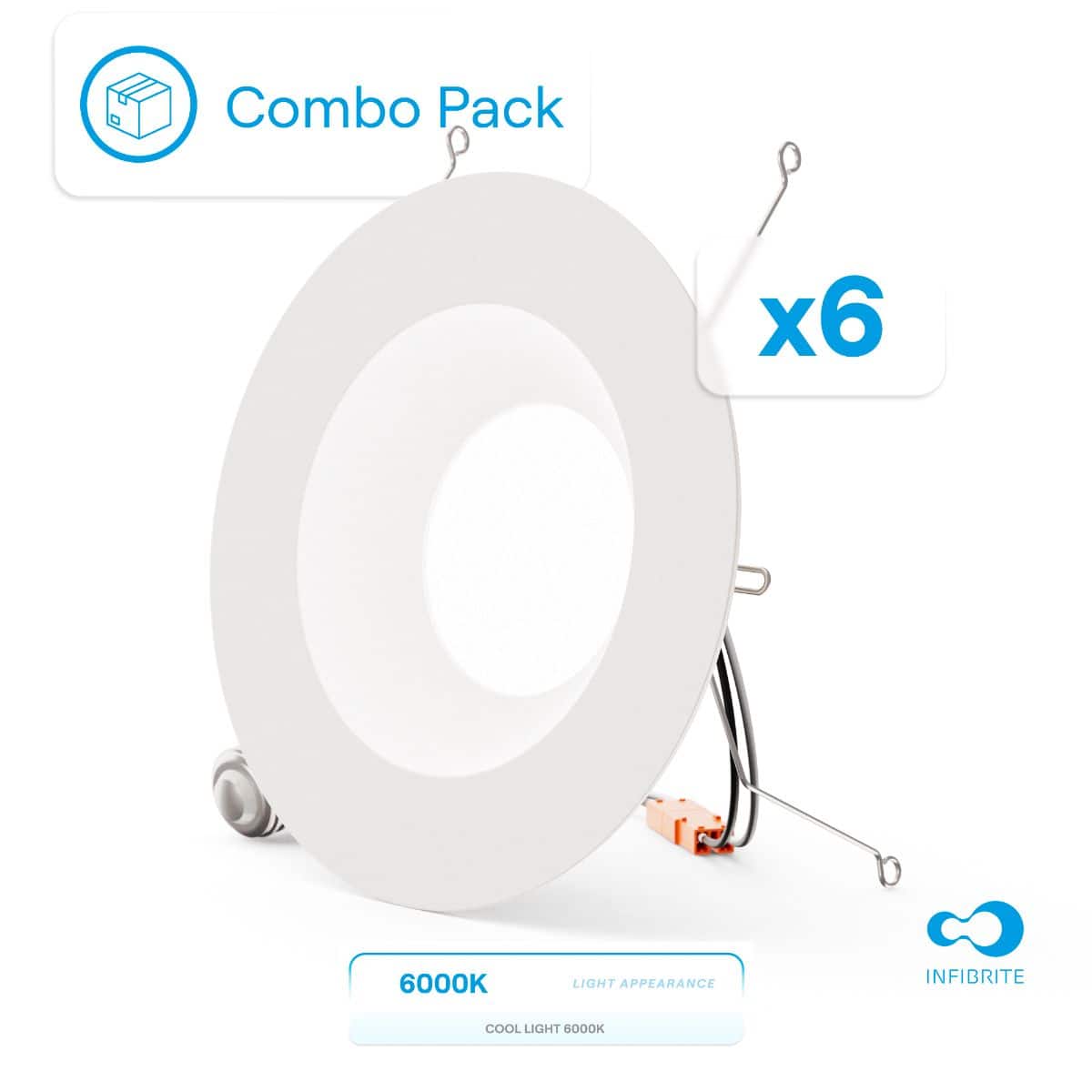 Infibrite - 6 In. Retrofit 6000K Clear Integrated LED Recessed Light Kit 12W 1100LM Remodel, Dimmable, Wet Rated (6 Pack) - White