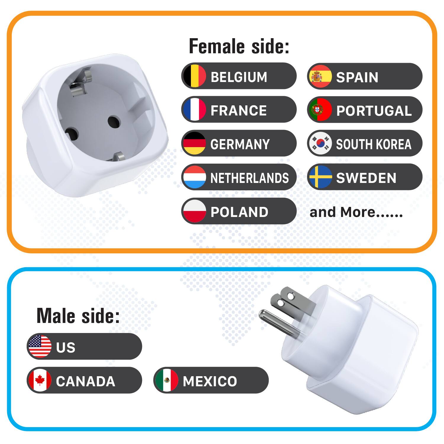 Female side:
- BELGIUM
- SPAIN
- FRANCE
- PORTUGAL
- GERMANY
- SOUTH KOREA
- NETHERLANDS
- SWEDEN
- POLAND
- and More......

Male side:
- US
- CANADA
- MEXICO