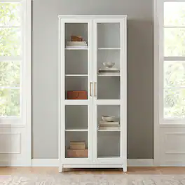 Martha Stewart - Bedford Modular Tall Storage Cabinet with Soft-Close Glass Doors and Hardware, 4 Adjustable Shelves - White Frame/Gold Hardware