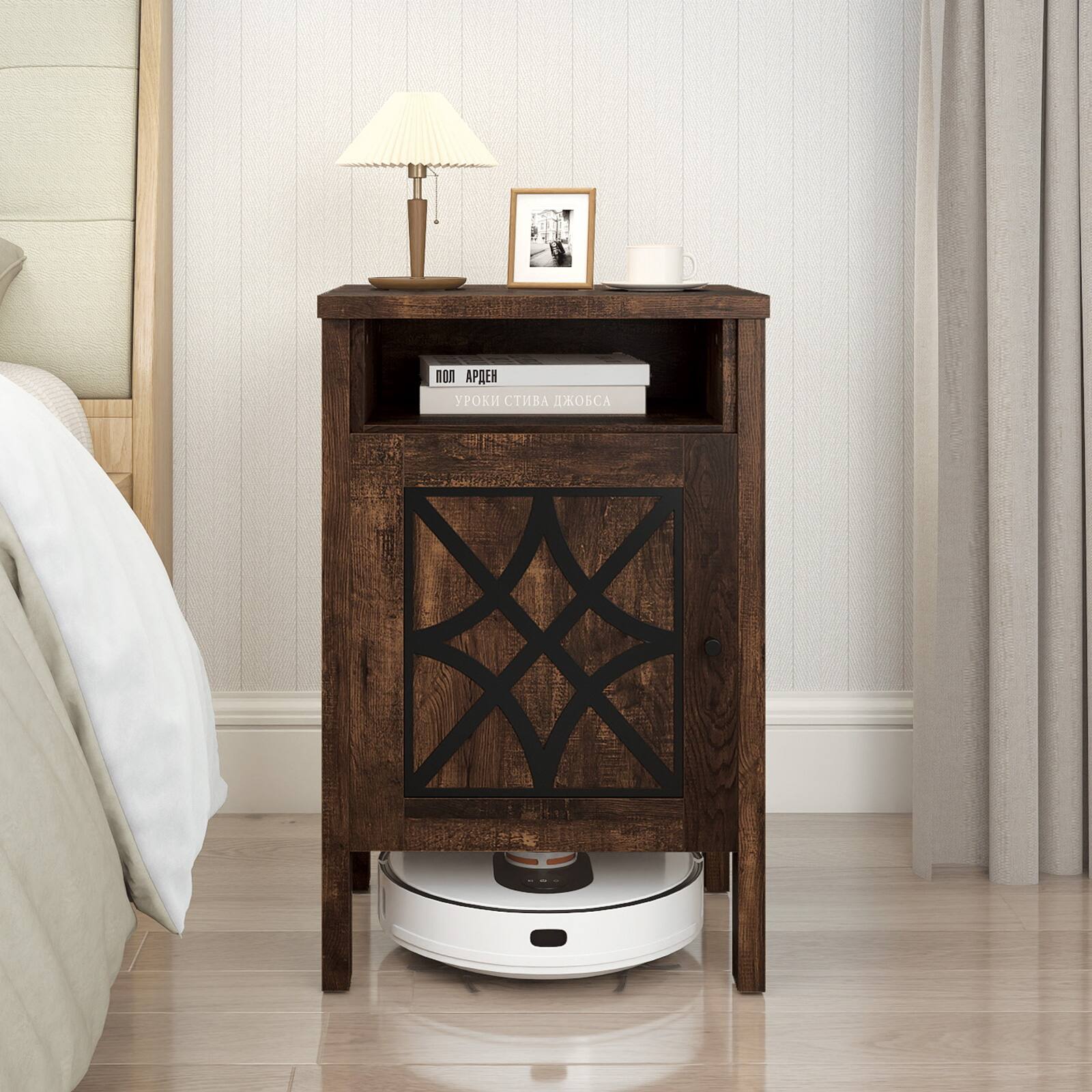 Alt View 4. Gymax - Gymax Robot Vacuum Stand Cabinet w/ Door & Open Shelf for Home Office Living Room Dark Brown - Brown.