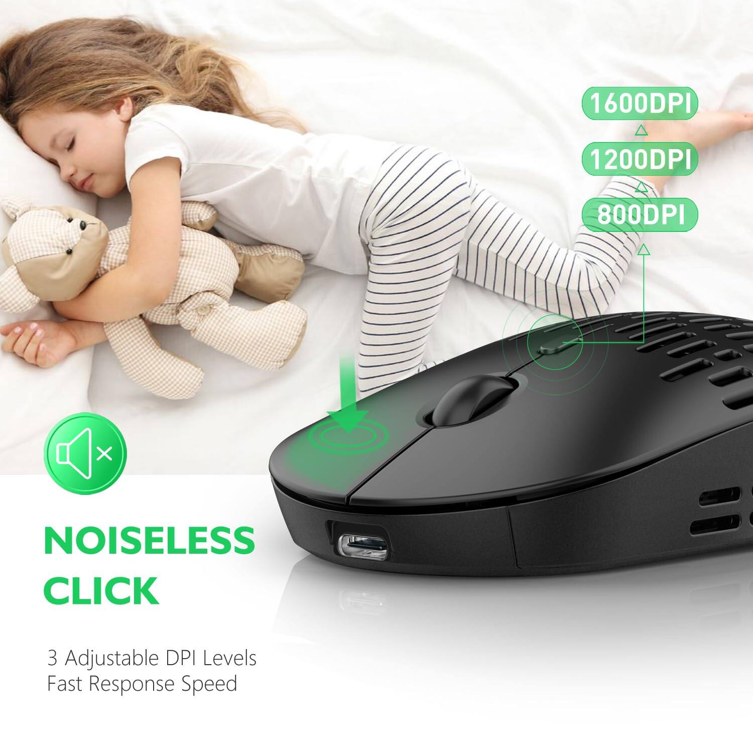 1600DPI  
1200DPI  
800DPI  

NOISELESS CLICK  

3 Adjustable DPI Levels  
Fast Response Speed