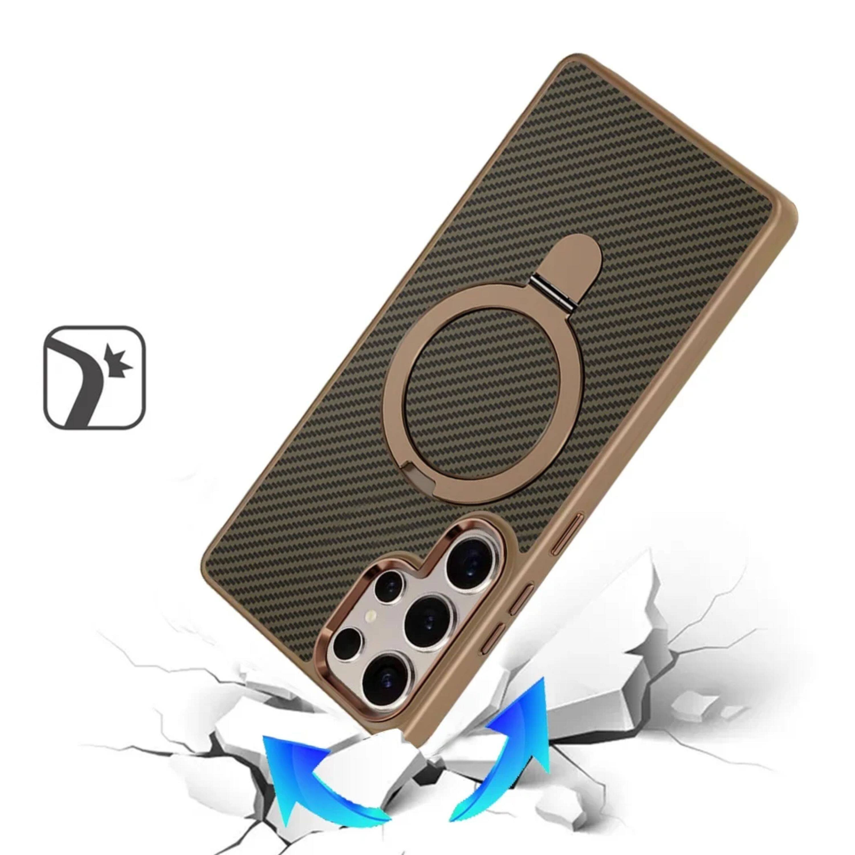 Left. Kitcheniva - Carbon Fiber Print Design Ring Stand Circle With Tempered Glass For Samsung Galaxy S25 Ultra Brown - Brown.