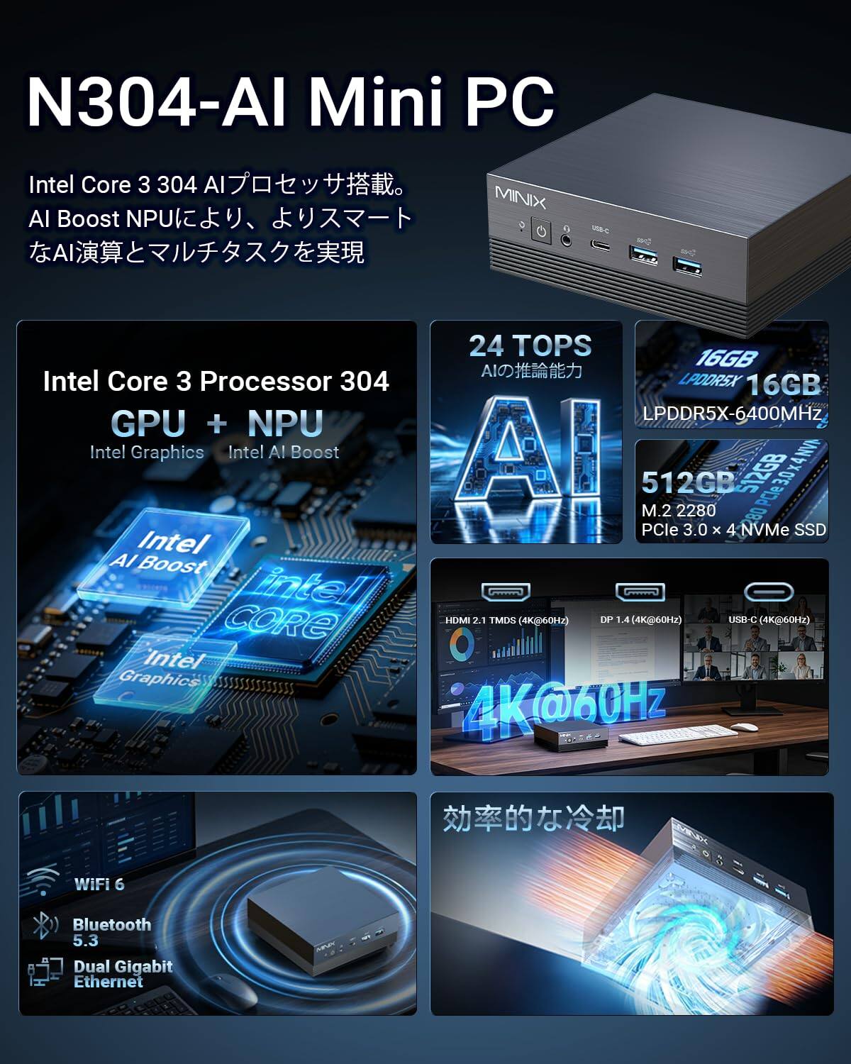 N304-AI Mini PC

Intel Core 3 304 AI MINX AI Boost NPU AI

Intel Core 3 Processor 304 LPDDR5X-6400MHz GPU + NPU Intel Graphics Intel AI Boost AI 512GB S12GB PCIe 3.0 X 4 NVMe 2280 SSD Intel AI Boost Intel CORE HDMI 2.1 TMDS (4K@60Hz) DP 1.4 (4K@60Hz) USB-C (4K@60Hz) Intel Graphics 4K@60HZ

WiFi 6
Bluetooth 5.3 Dual Gigabit Ethernet