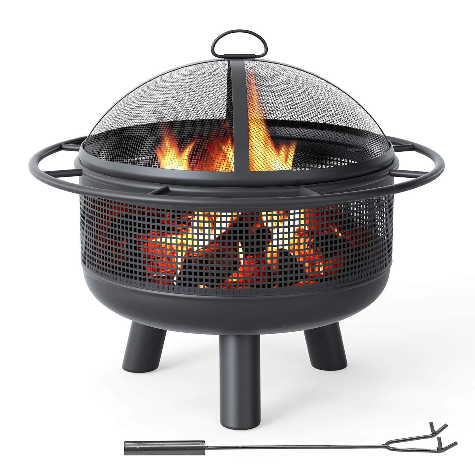 Costway - 24" Heavy-Duty Wood Burning Fire Pit with Spark Screen, Poker, Log Grate for Patio - Black