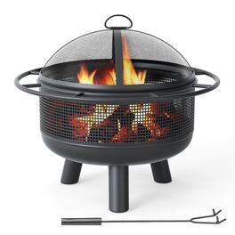 Costway - 24" Heavy-Duty Wood Burning Fire Pit with Spark Screen, Poker, Log Grate for Patio - Black