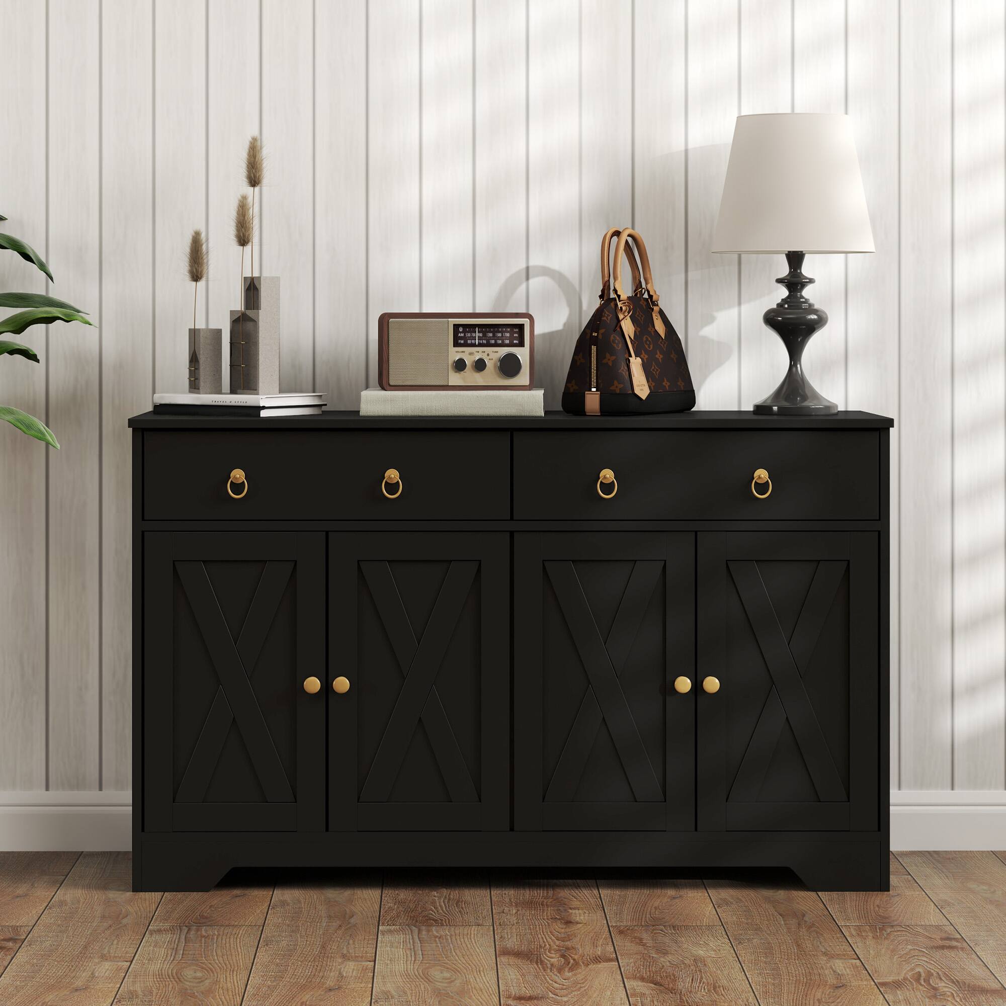 Alt View 7. Homcom - Sideboard Buffet Cabinet with Storage, 48" Kitchen Storage Cabinet with 2 Drawers and 4 Barn Doors,Bar Cabinet - Black.
