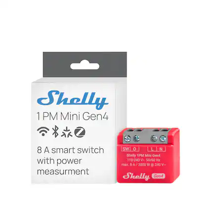 Shelly 1 PM Mini Gen4
8 A smart switch with power measurement
SW O L N
Shelly 1PM Mini Gen4
110-240 V~ 50/60 Hz
max. 8 A / 2000 W @ 240 V~
Shelly Gen4