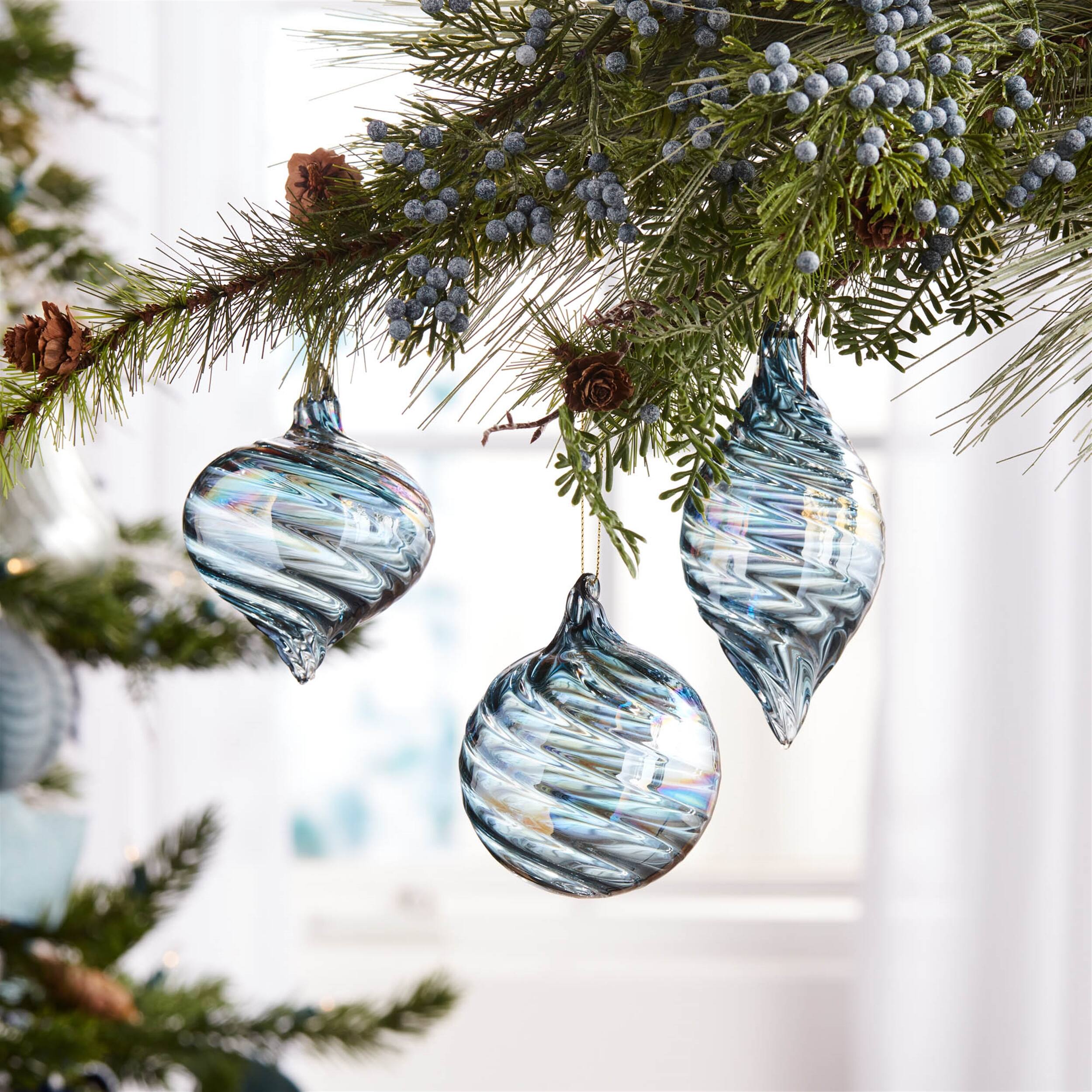 Angle. BreeBe - Iridescent Swirl Glass Ornament (Set of 12) - Blue.