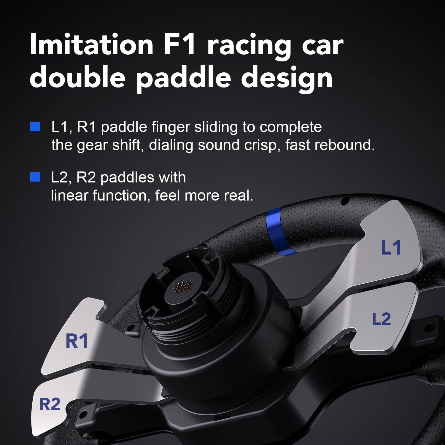 Imitation F1 racing car double paddle design

- L1, R1 paddle finger sliding to complete the gear shift, dialing sound crisp, fast rebound.
- L2, R2 paddles with linear function, feel more real.