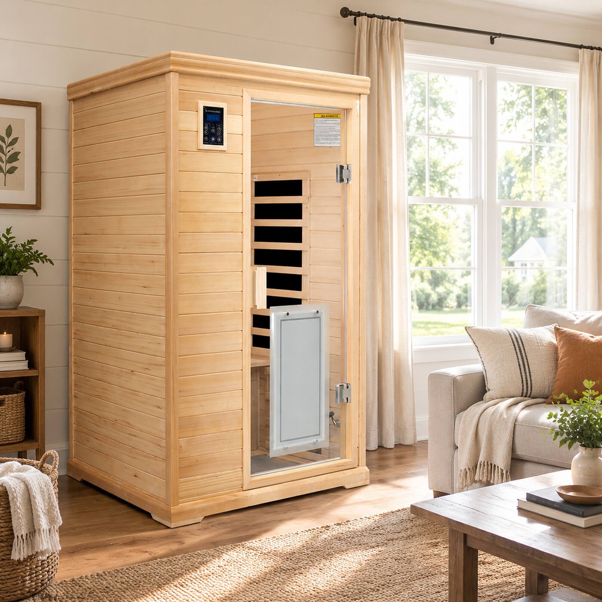 Alt View 1. RYHNUYNE - Two-Person Far-Infrared Hemlock Indoor Sauna, 43.7 x 38.58 x 76.38 in, 9 Heating Panels, Bluetooth Audio, LCD Touch - Natural.
