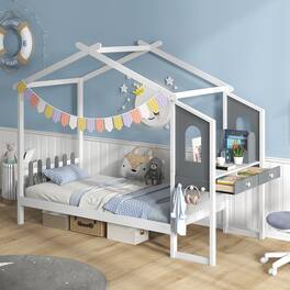 Gymax - Twin Size Kids House Bed w/ Study Desk & Removable Box Drawers Hanging Hooks - White, Gray
