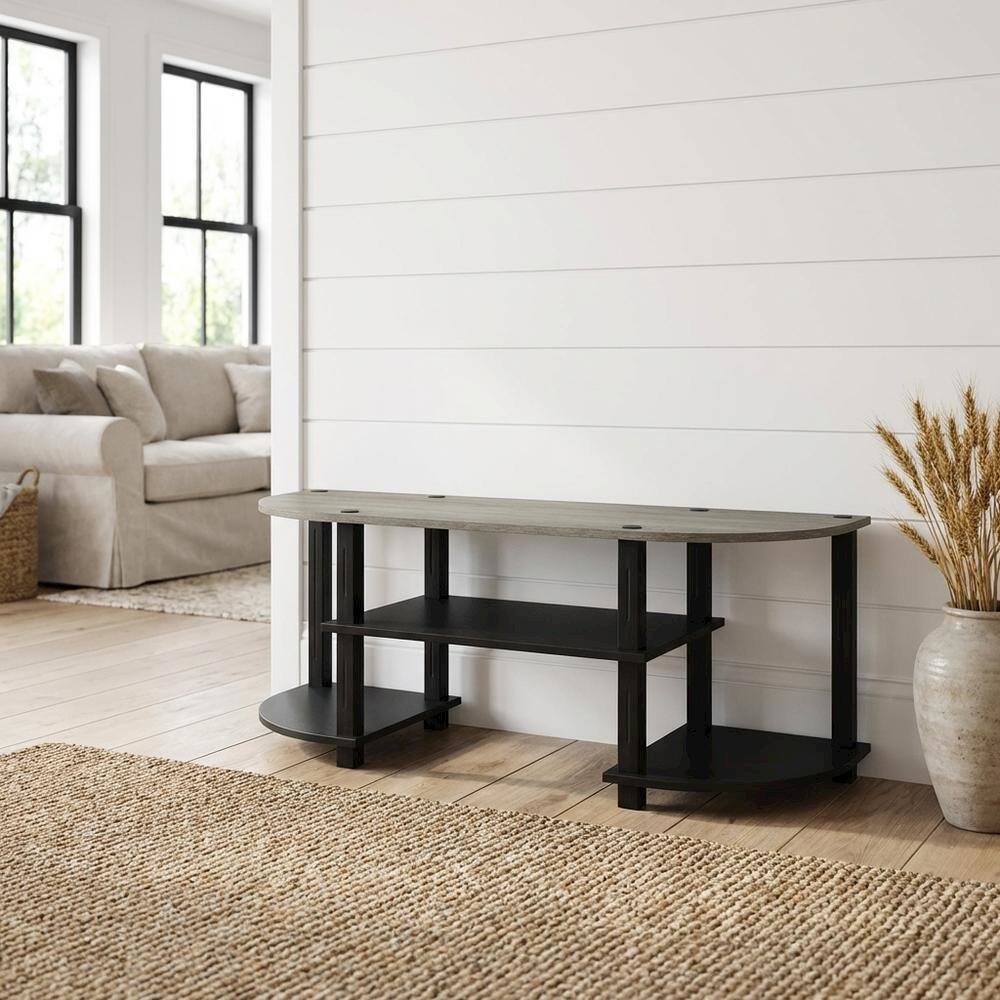 Alt View 1. FurniFact - Wide TV entertainment center in French Oak Grey, black, wood, PVC tubes - White.