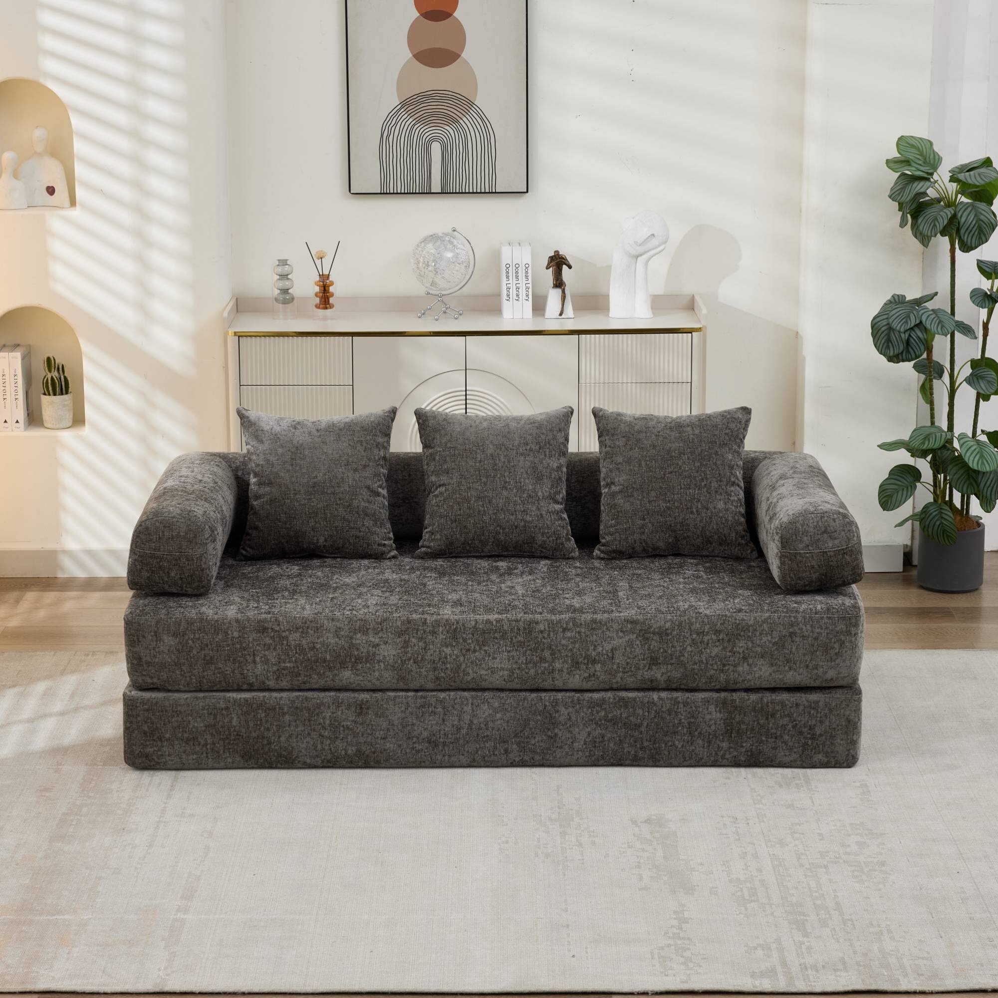 Left. GOODSILO - Convertible Folding Floor Sofa Bed with Armrests for Living Room, Bedroom, and Studio Lounging - Gray.