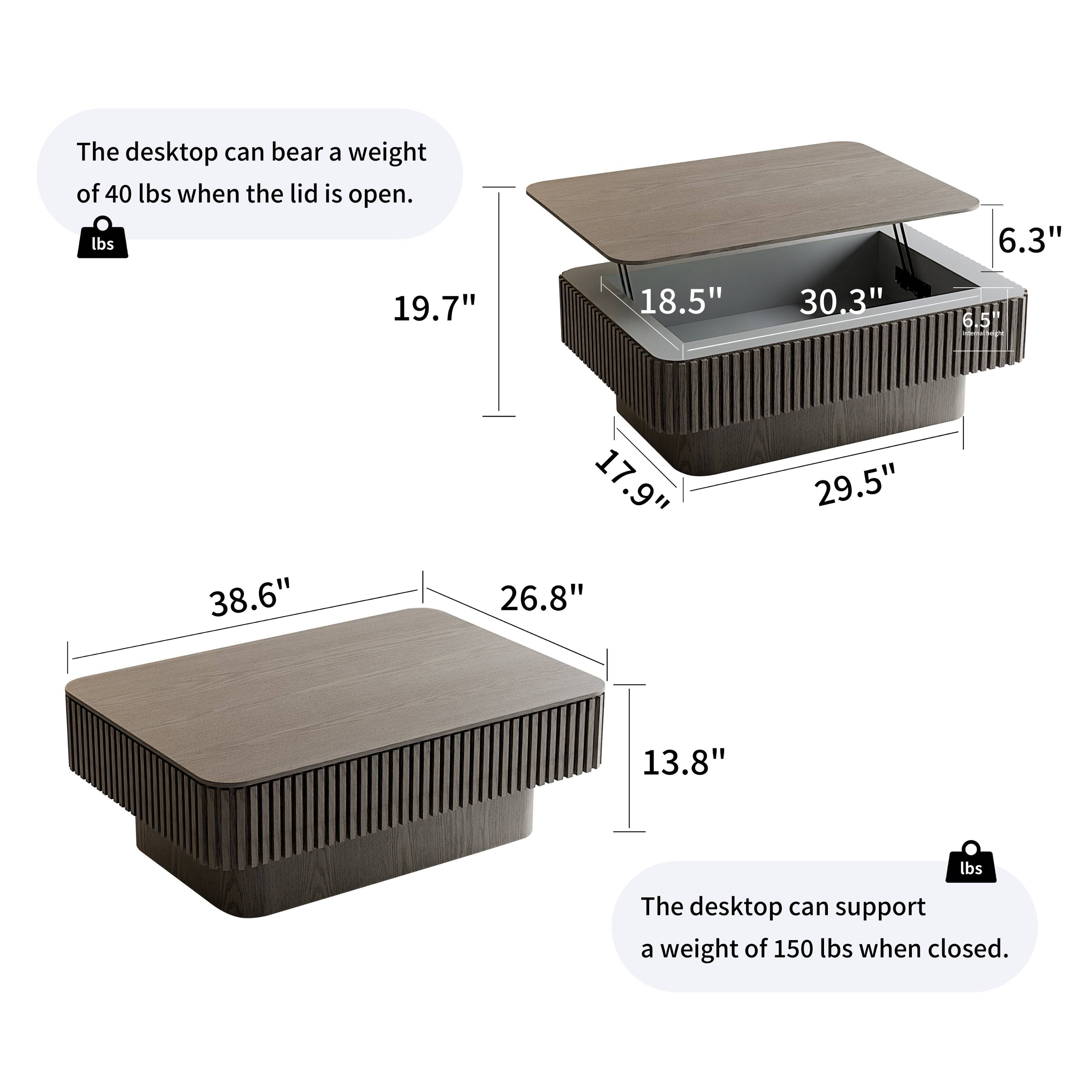The desktop can bear a weight of 40 lbs when the lid is open.  
lbs  
6.3"  
19.7"  
18.5"  
30.3"  
6.50  
38.6"  
17.9"  
26.8"  
29.5"  
13.8"  
lbs  
The desktop can support a weight of 150 lbs when closed.