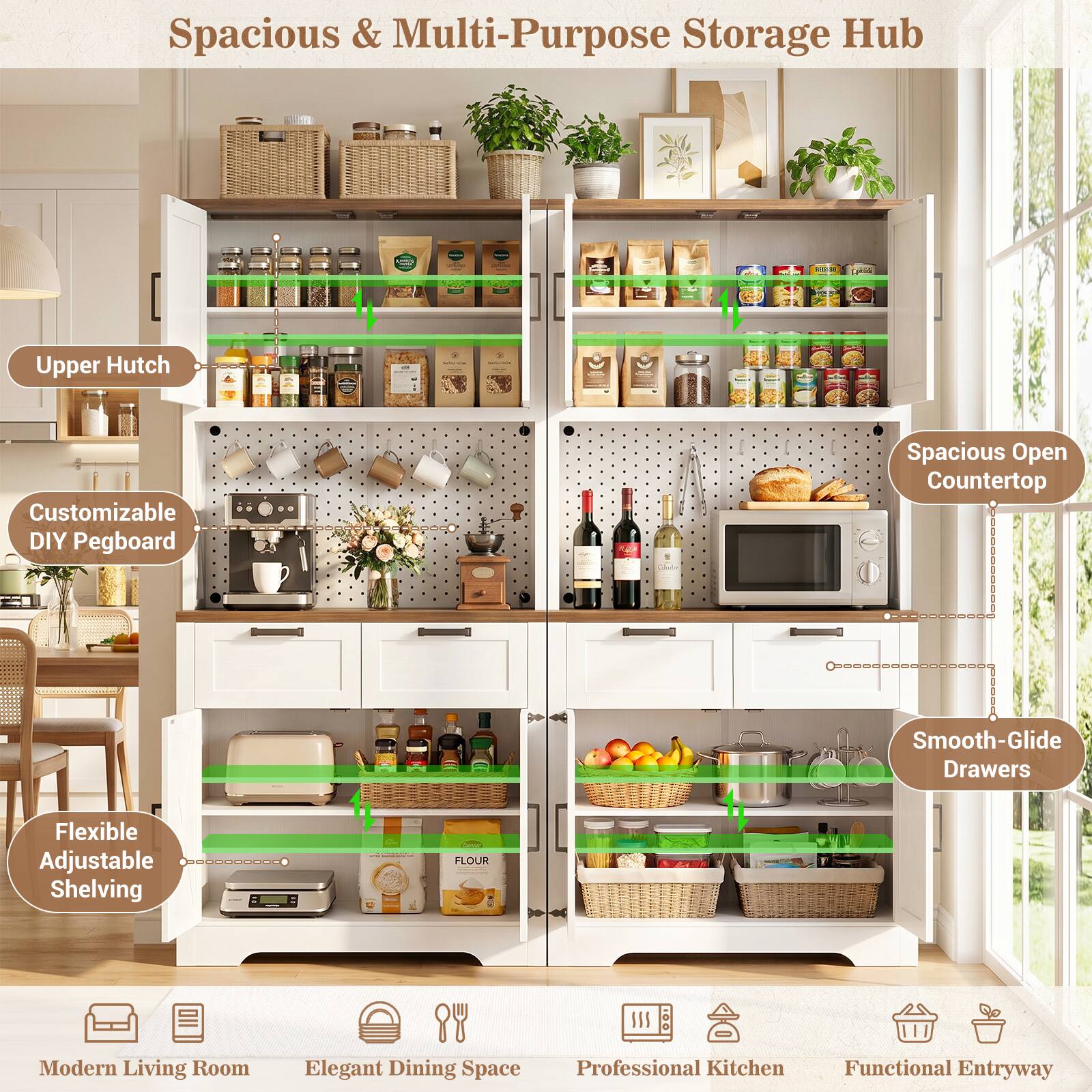 Spacious & Multi-Purpose Storage Hub - Upper Hutch Customizable DIY Pegboard Spacious Open Countertop Smooth-Glide Drawers Flexible Adjustable Shelving - FLOUR II Modern Living Room Elegant Dining Space Professional Kitchen Functional Entryway