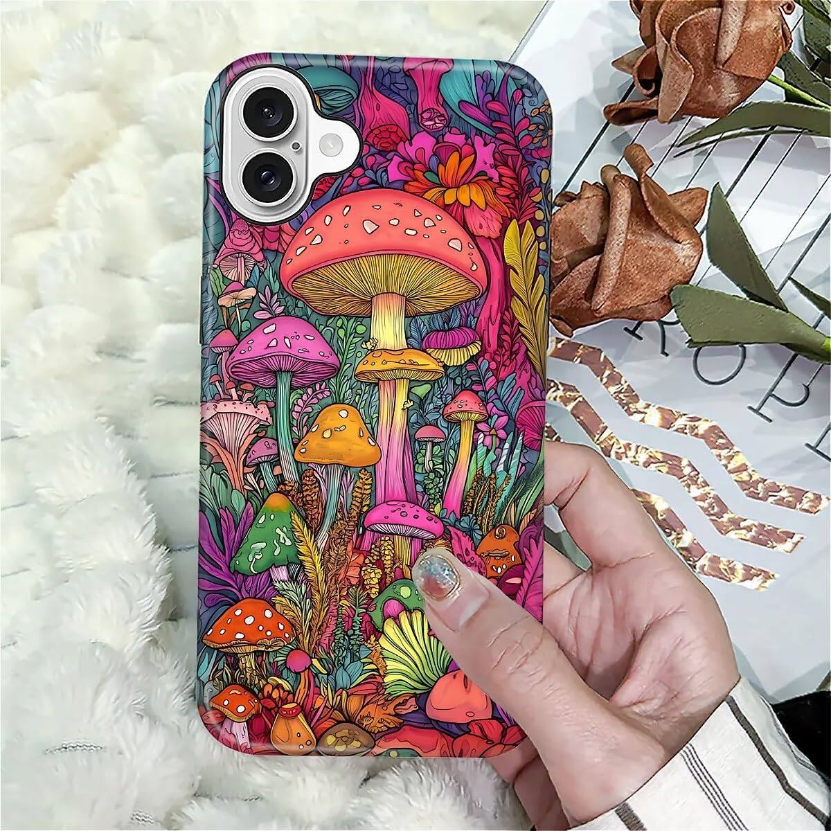 Alt View 6. Finnhomy - Smartphone Case for iPhone 16 Plus 2 Layer Durable Protection Military Grade Shockproof Design - Psychedelic Mushrooms.