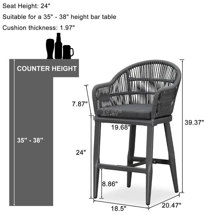 Sure, here is the corrected and grouped text:

---

**Seat Height:** 24"

**Suitable for a 35" - 38" height bar table**

**Cushion thickness:** 1.97"

---

**Counter Height:**

- 35" - 38"

---

**Dimensions:**

- Seat Height: 24"
- Cushion Thickness: 1.97"
- Seat Width: 19.68"
- Overall Height: 39.37"
- Back Height: 8.86"
- Seat Depth: 18.5"
- Base Width: 20.47"

---