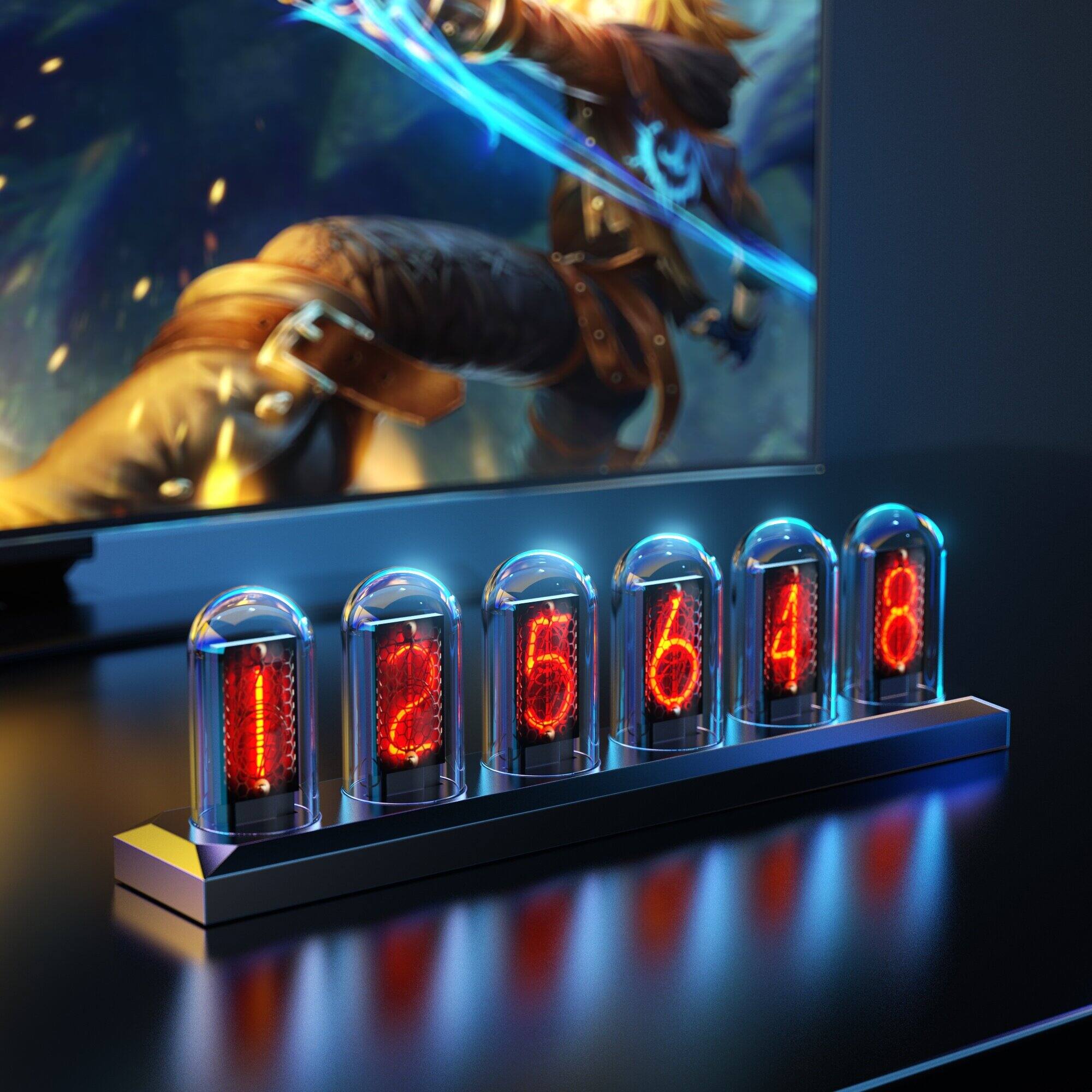 Alt View 4. Topteng - Nixie Tube Clock with Weather Station - Wi-Fi Sync,RGB Light,Aluminum Body,Displays Temp/Humidity/Rainfall,Desk ornament - Multi-color.