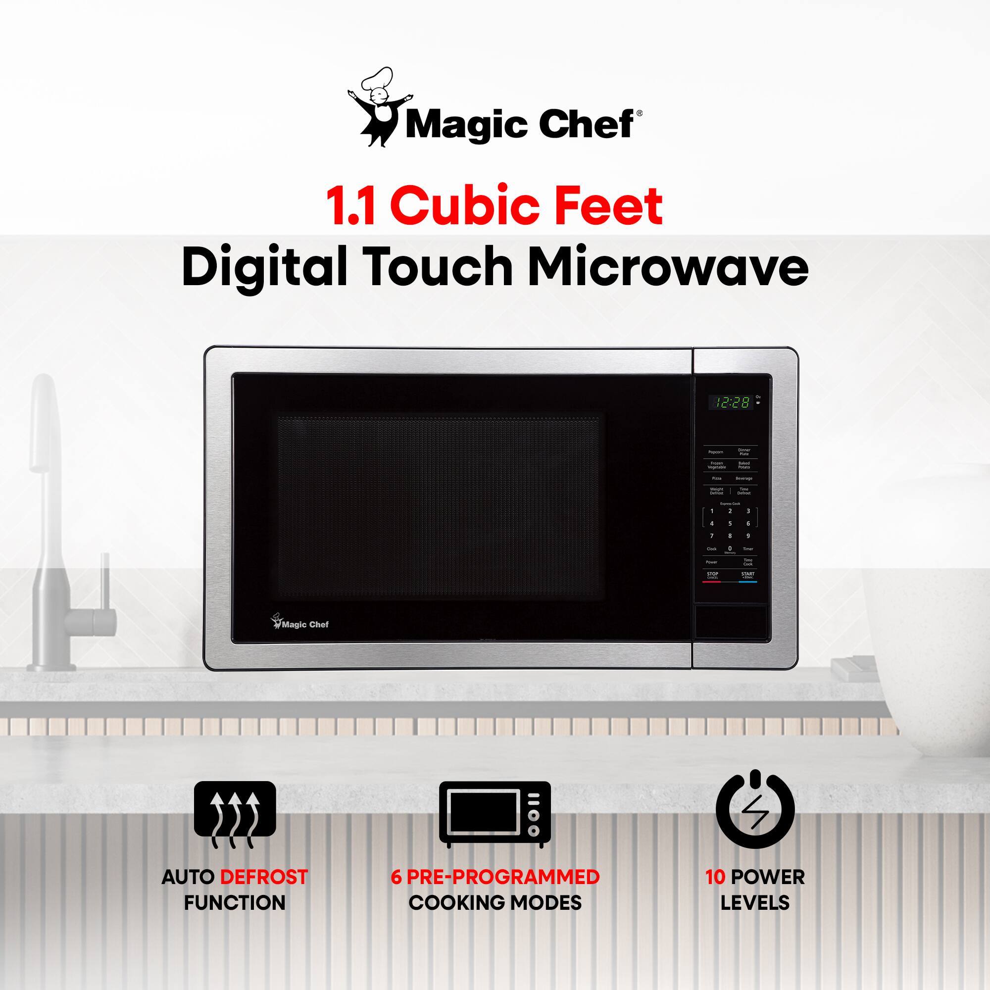 Magic Chef 1.1 Cubic Feet Digital Touch Microwave
- AUTO DEFROST FUNCTION
- 6 PRE-PROGRAMMED COOKING MODES
- 10 POWER LEVELS
