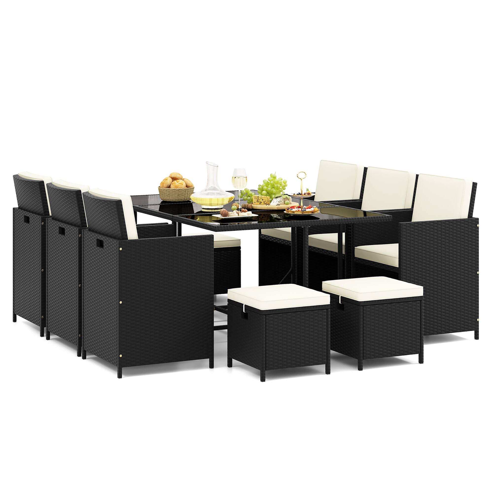 Front. Gymax - Gymax 11PCS Dining Set Space-saving Wicker Chairs & Tempered Glass Table Patio - Black, White.