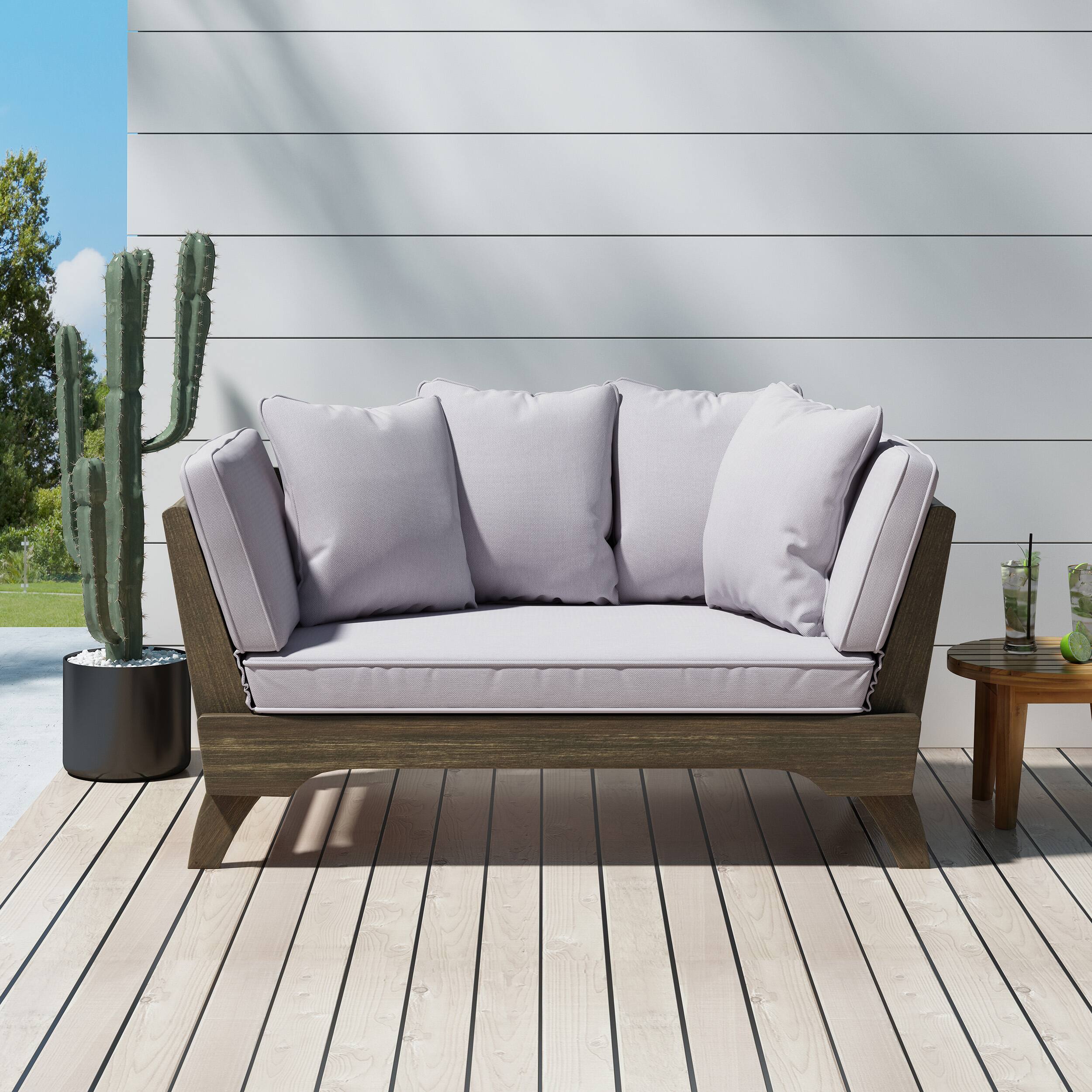 Front. TinyHomie - Expandable Daybed with Cushions Outdoor Couch Acacia Wood Patio Couch with Adjustable Armrests Outdoor Convertible Sofa - Grey.