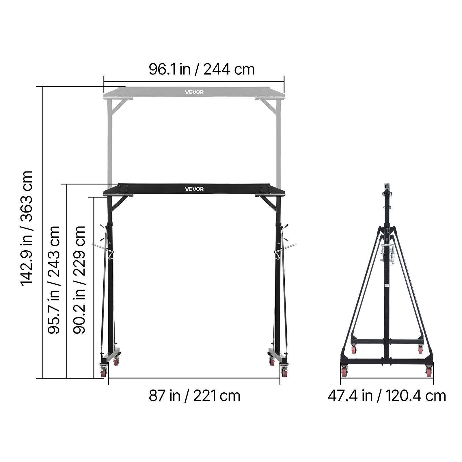 96.1 in / 244 cm  
142.9 in / 363 cm  
95.7 in / 243 cm  
90.2 in / 229 cm  
87 in / 221 cm  
47.4 in / 120.4 cm