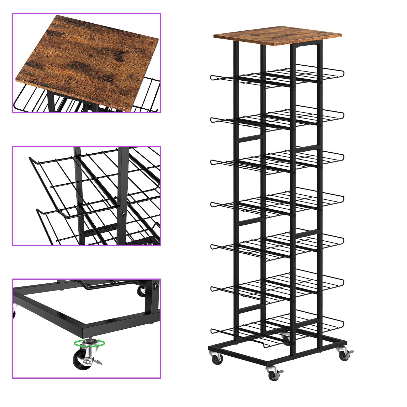 Back. Oumilen - 7-Tier Rolling Water Bottle Rack with Rustic Wood Top - Brown.