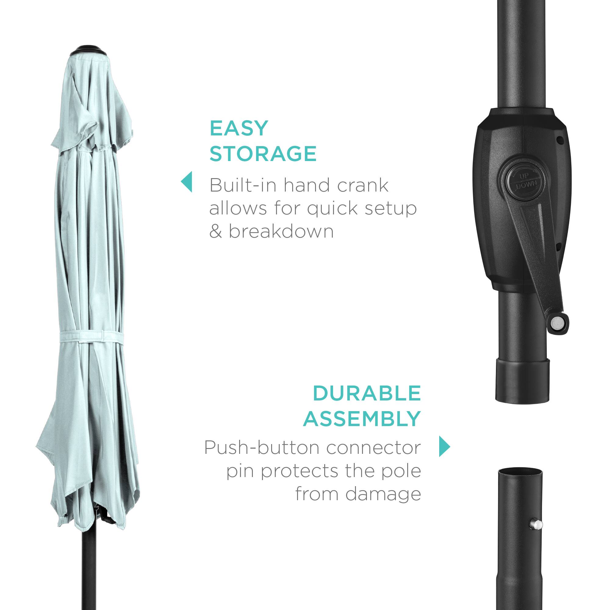 EASY STORAGE  
Built-in hand crank allows for quick setup & breakdown  

DURABLE ASSEMBLY  
Push-button connector pin protects the pole from damage