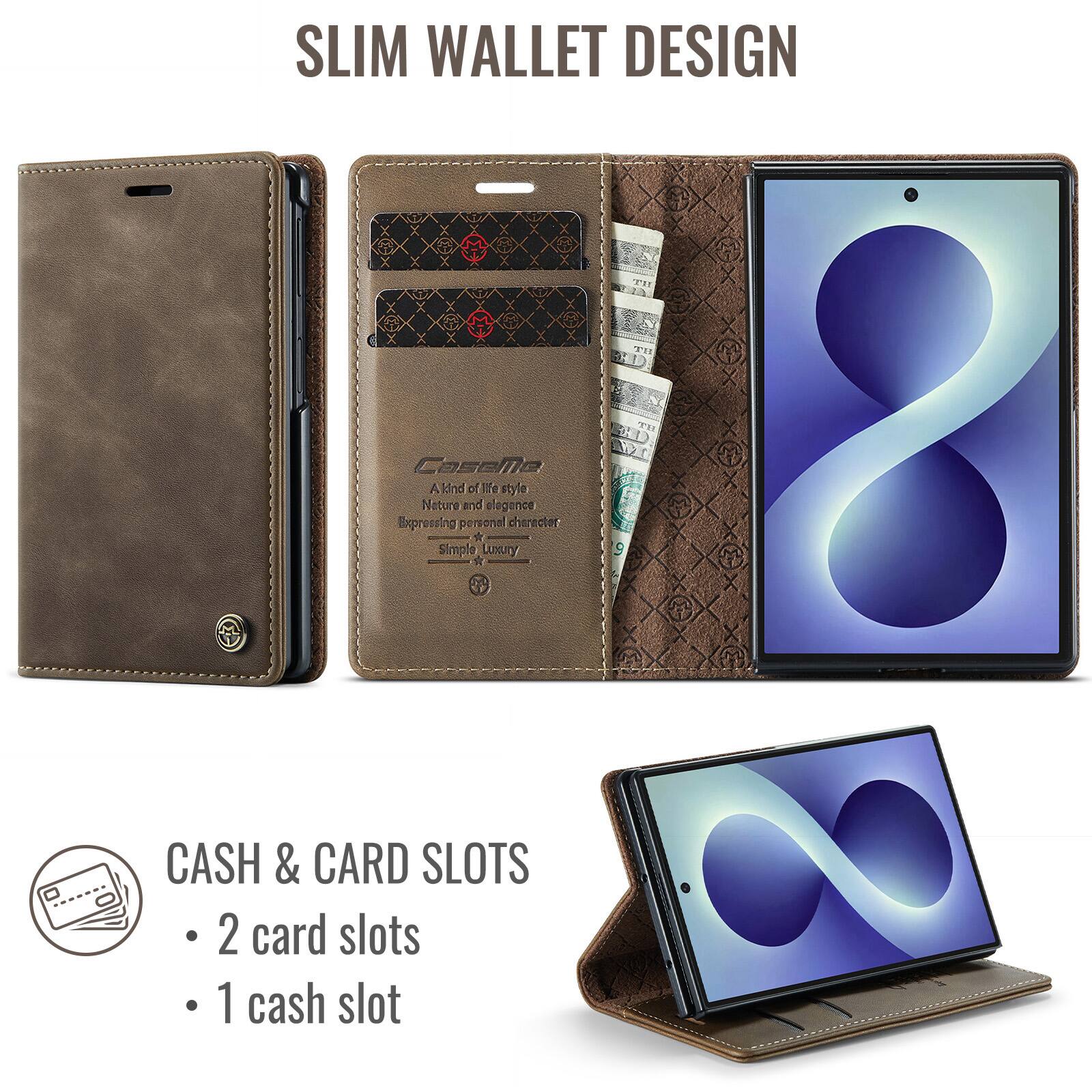 SLIM WALLET DESIGN

Caseme
A kind of life style
Nature and elegance
Expressing personal character
Simple Luxury

CASH & CARD SLOTS
- 2 card slots
- 1 cash slot