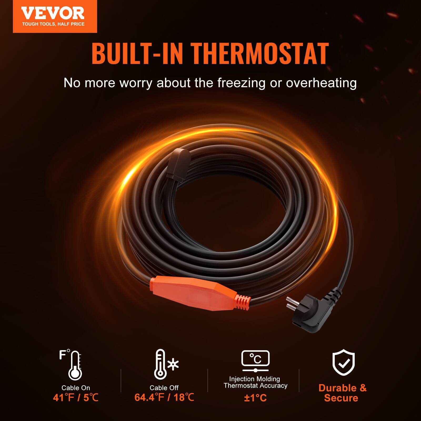 VEVOR Pipe Heating Cable, 80FT 7W/FT Heat Tape for Pipes with Built in ...
